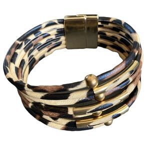 Leopard Print Faux Leather Multi Row Magnetic Cuff Bracelet